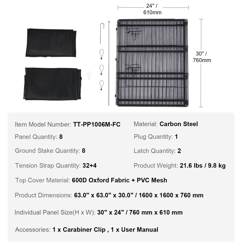 Metallinen lemmikkiaita 8 paneelia 1600x1600x760 mm pohjamatolla ja yläosalla