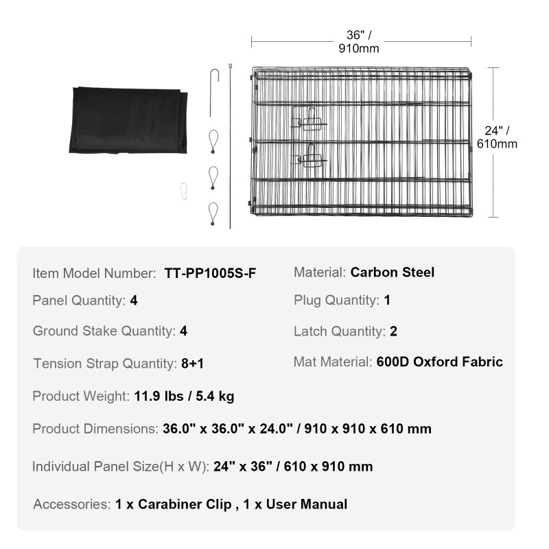 Metallinen 4-paneelinen lemmikkiaitaus 61 cm korkea lukittavalla ovella 600D-pohjamatolla