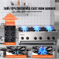 Kaasuliesi kuusi poltinta ruostumatonta terästä työpöytämalli maakaasu muunnettavissa propaanille neljäkymmentäkaksi kilowattia