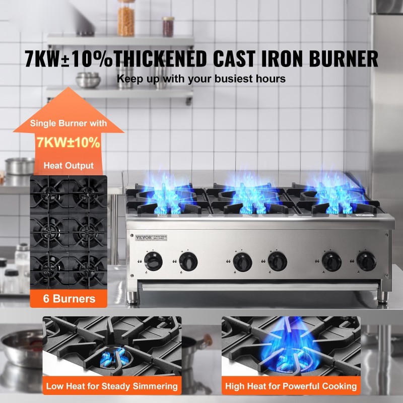 Kaasuliesi kuusi poltinta ruostumatonta terästä työpöytämalli maakaasu muunnettavissa propaanille neljäkymmentäkaksi kilowattia