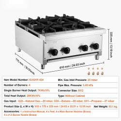Kaasuliesi neljä poltinta ruostumaton teräs pöytämallinen 28 kW maakaasun ja propaanin yhteensopiva