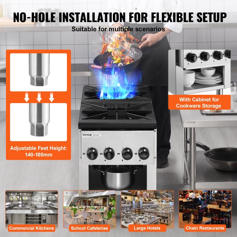 Kaasuliesi kaksi poltinta ruostumaton teräs viisikymmentäkaksi kilowattia maakaasu ja propaani alakaapilla