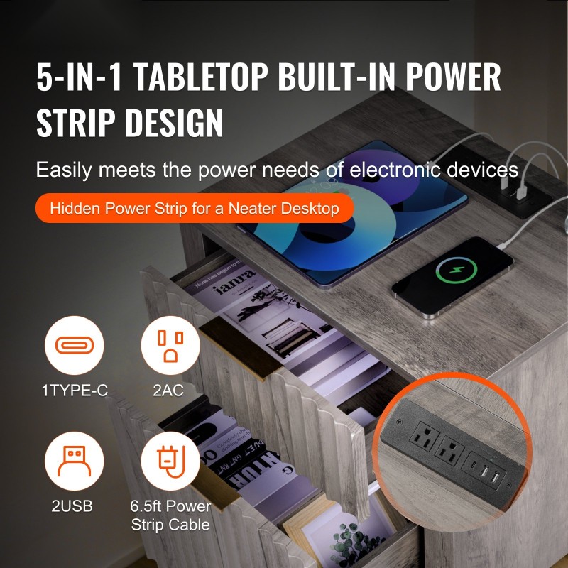 Päätypöytä 2 kpl neliö kolmitasoinen lastulevy harmaa kaappi 2 laatikkoa latausasema