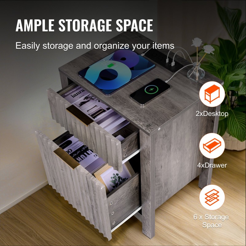 Päätypöytä 2 kpl neliö kolmitasoinen lastulevy harmaa kaappi 2 laatikkoa latausasema