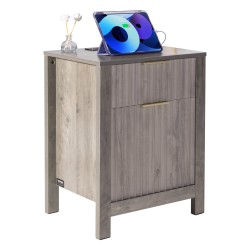 Päätypöytä 2 kpl neliö kolmitasoinen lastulevy harmaa kaappi 2 laatikkoa latausasema