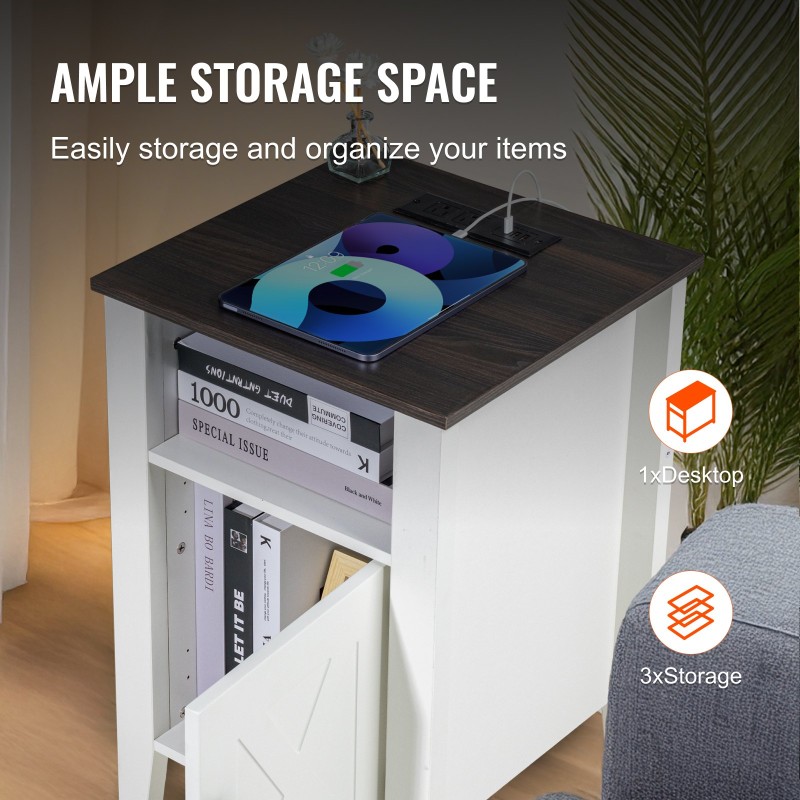 Sivupöydät 2 kpl valkoinen lastulevy neliö 3-tasoinen kaapilla virtapaneelilla LED-valoilla