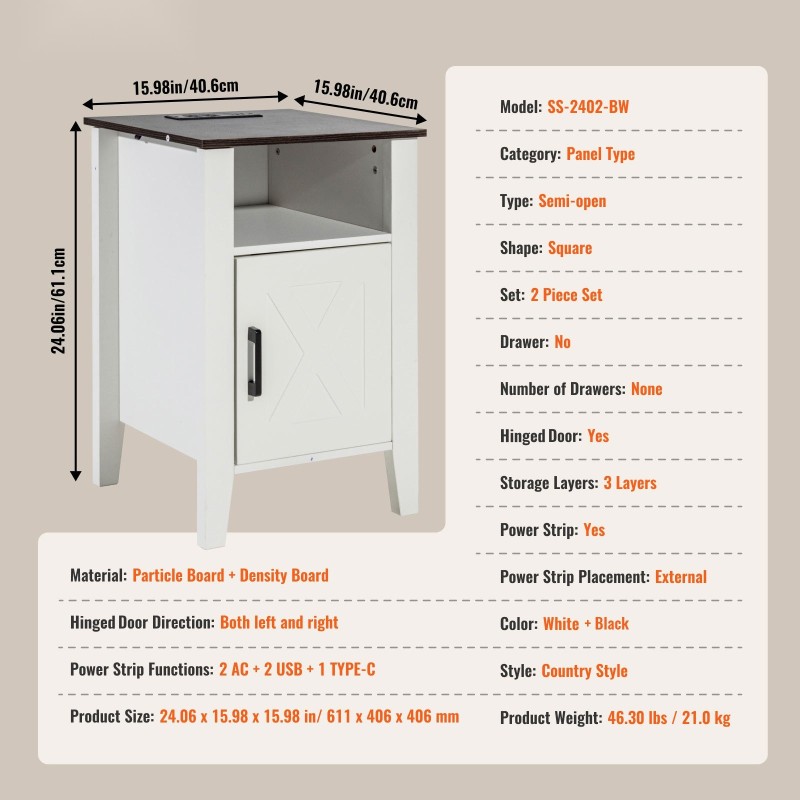 Sivupöydät 2 kpl valkoinen lastulevy neliö 3-tasoinen kaapilla virtapaneelilla LED-valoilla