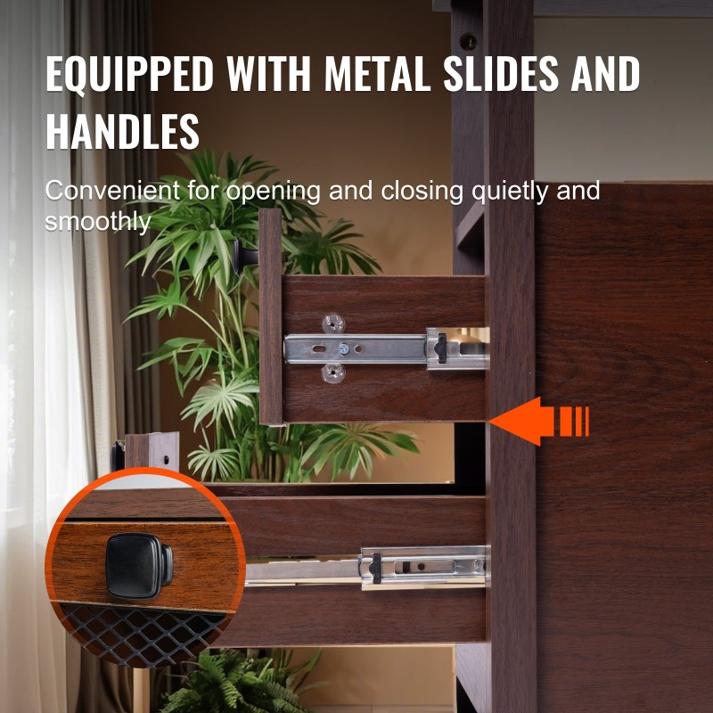 Sivupöytä lastulevy ja tiheälevy kapea ruskea neljä tasoa kaksi laatikkoa virtapaneelilla