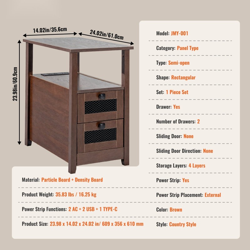 Sivupöytä lastulevy ja tiheälevy kapea ruskea neljä tasoa kaksi laatikkoa virtapaneelilla