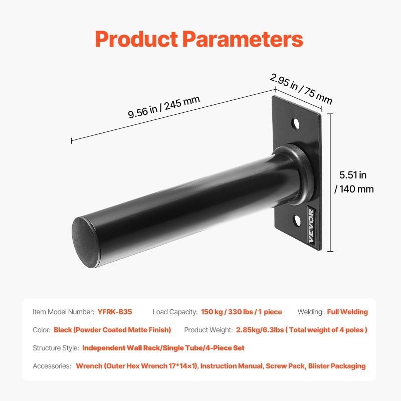 Seinään asennettava rautainen levypainoteline 2-tuumaisille 150 kg kuormankesto 4 kpl
