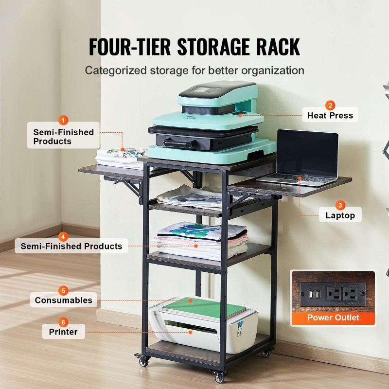 Lämpöprässipöytä nelitasoinen pyörällinen taitettavalla sivupöydällä ruskea sisäänrakennetulla latausasemalla teräsrungolla