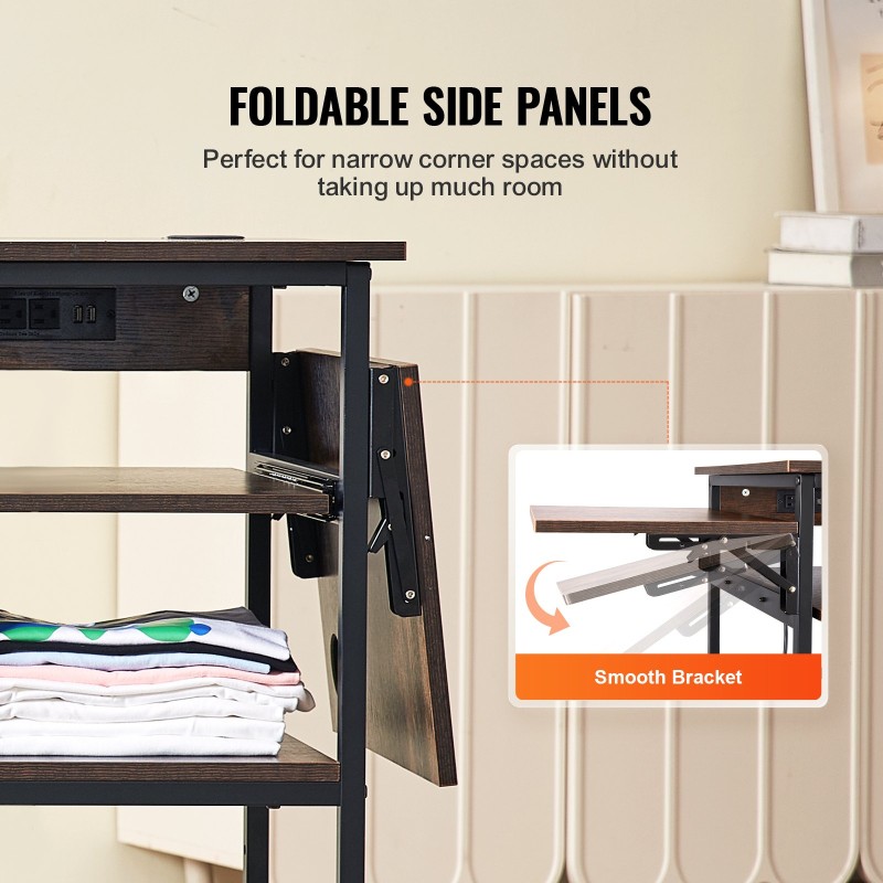 Lämpöprässipöytä nelitasoinen pyörällinen taitettavalla sivupöydällä ruskea sisäänrakennetulla latausasemalla teräsrungolla