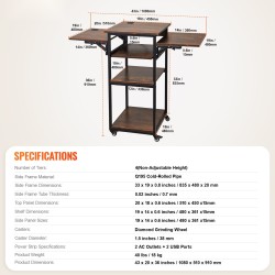 Lämpöprässipöytä nelitasoinen pyörällinen taitettavalla sivupöydällä ruskea sisäänrakennetulla latausasemalla teräsrungolla