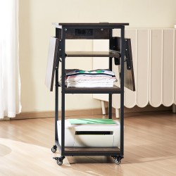 Lämpöprässipöytä nelitasoinen pyörällinen taitettavalla sivupöydällä ruskea sisäänrakennetulla latausasemalla teräsrungolla