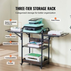 Lämpöprässipöytä 3-tasoinen taitettavalla sivupöydällä latausasemalla kahdella pistorasialla ja kahdella USB-portilla