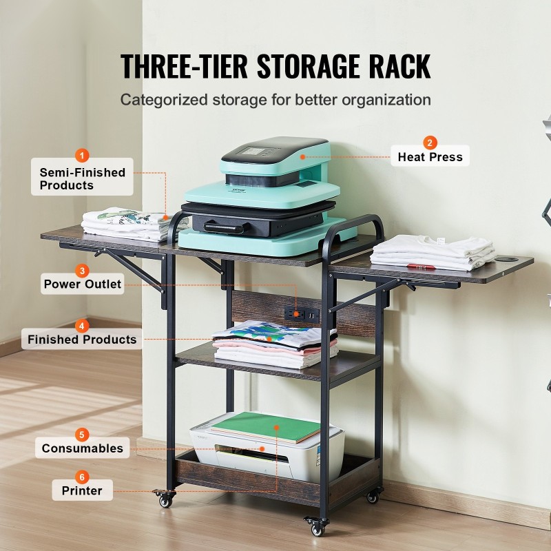 Lämpöprässipöytä 3-tasoinen taitettavalla sivupöydällä latausasemalla kahdella pistorasialla ja kahdella USB-portilla