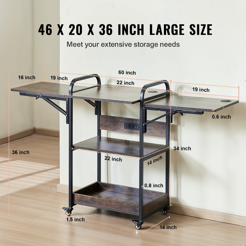 Lämpöprässipöytä 3-tasoinen taitettavalla sivupöydällä latausasemalla kahdella pistorasialla ja kahdella USB-portilla