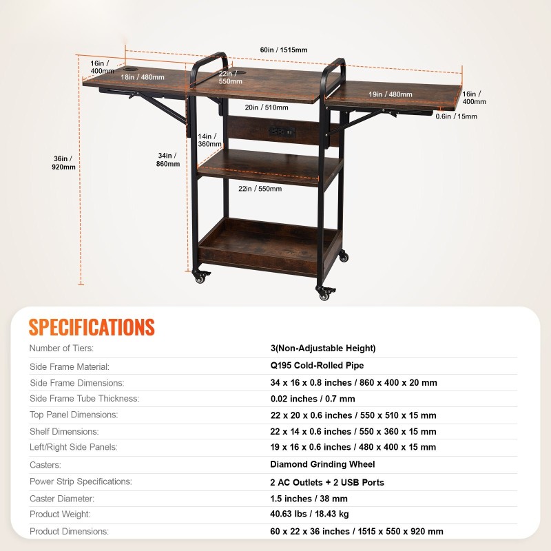 Lämpöprässipöytä 3-tasoinen taitettavalla sivupöydällä latausasemalla kahdella pistorasialla ja kahdella USB-portilla