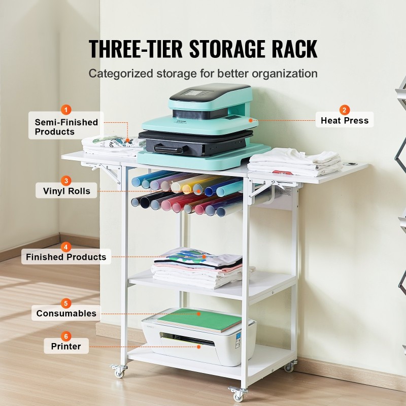 Lämpöprässäyspöytä 3-tasoinen metallirunkoinen taitettava sivupöytä pyörillä 18-lokeroinen vinyylirullateline valkoinen