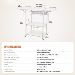 Lämpöprässäyspöytä 3-tasoinen metallirunkoinen taitettava sivupöytä pyörillä 18-lokeroinen vinyylirullateline valkoinen