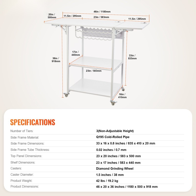 Lämpöprässäyspöytä 3-tasoinen metallirunkoinen taitettava sivupöytä pyörillä 18-lokeroinen vinyylirullateline valkoinen