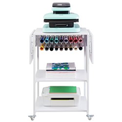 Lämpöprässäyspöytä 3-tasoinen metallirunkoinen taitettava sivupöytä pyörillä 18-lokeroinen vinyylirullateline valkoinen