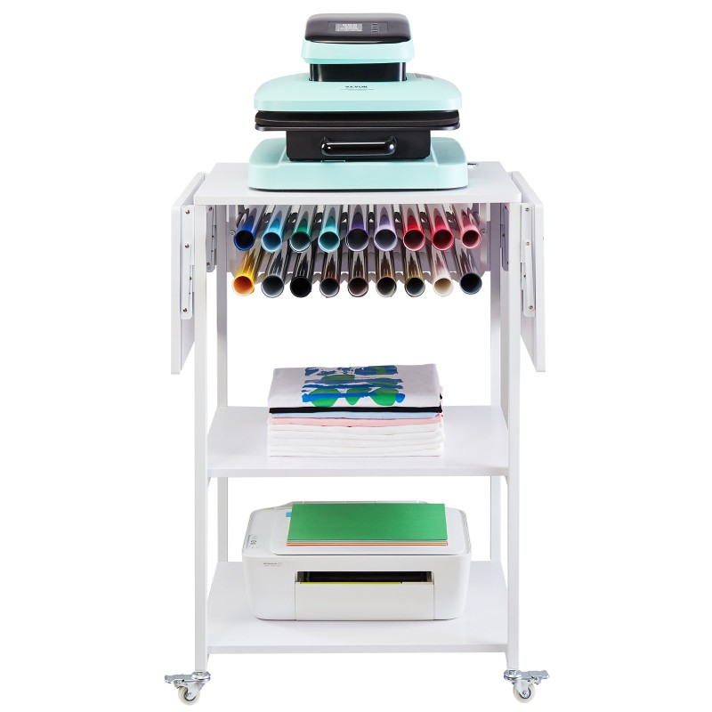 Lämpöprässäyspöytä 3-tasoinen metallirunkoinen taitettava sivupöytä pyörillä 18-lokeroinen vinyylirullateline valkoinen