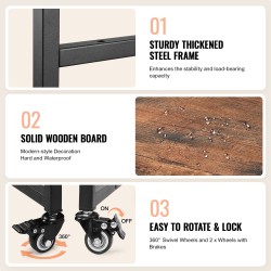 Lämpöprässipöytä kolmitasoinen metallirunkoinen pyörillä taitettava sivupöytä 18-osastoinen vinyylirullateline ruskea