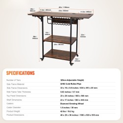 Lämpöprässipöytä kolmitasoinen metallirunkoinen pyörillä taitettava sivupöytä 18-osastoinen vinyylirullateline ruskea