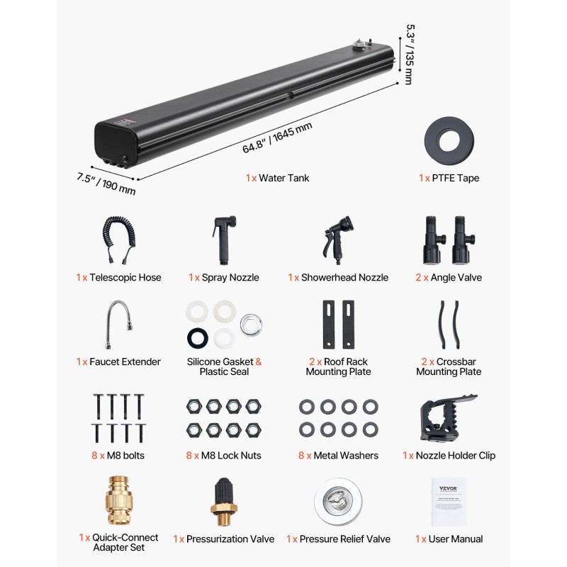 Alumiininen 30 l vesitankki kattotelineeseen T-ura paineistusportilla 2 roiskesuoja-paneelilla teleskooppiletulla