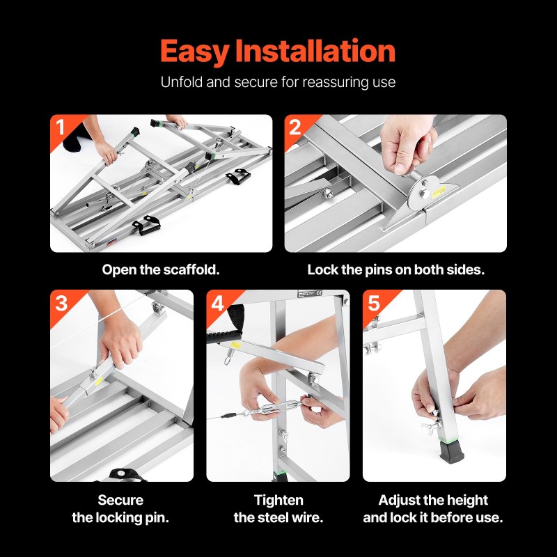 Taittuva työskentelyalusta galvanoidusta teräksestä neljäportainen 700–1150 mm 360 kg liukumattomat kumijalat