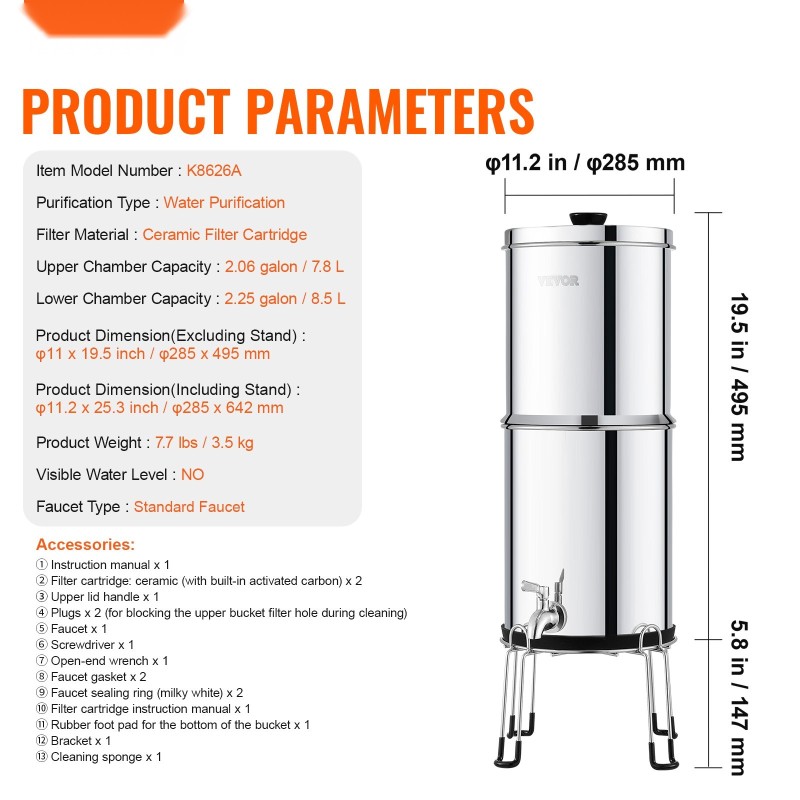 Painovoimalla toimiva vedensuodatusjärjestelmä ruostumattomasta teräksestä 2 keraamista suodatinta