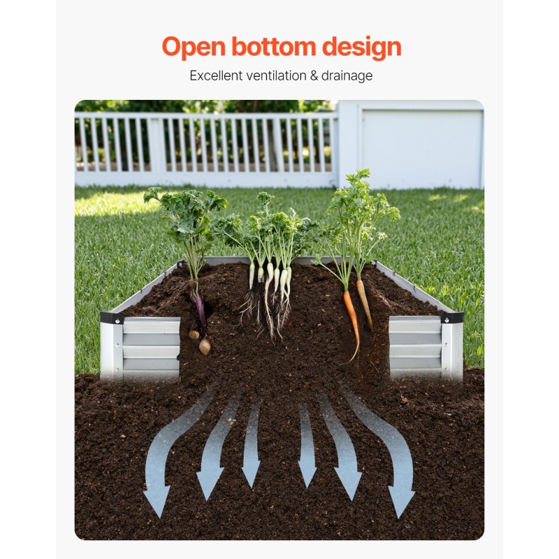Metallinen kohopenkki 360 x 120 x 27 cm avopohjainen vihanneksille ja kukille