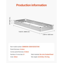 Metallinen kohopenkki 360 x 120 x 27 cm avopohjainen vihanneksille ja kukille