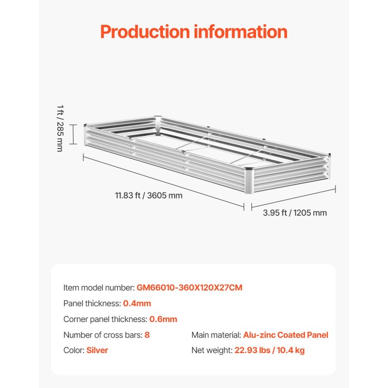 Metallinen kohopenkki 360 x 120 x 27 cm avopohjainen vihanneksille ja kukille