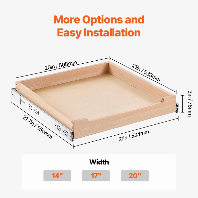 Ulosvedettävä koivupuinen puulaatikko 20x21 tuumaa pehmeästi sulkeutuva pohjakiinnitys ja sivukiinnitys
