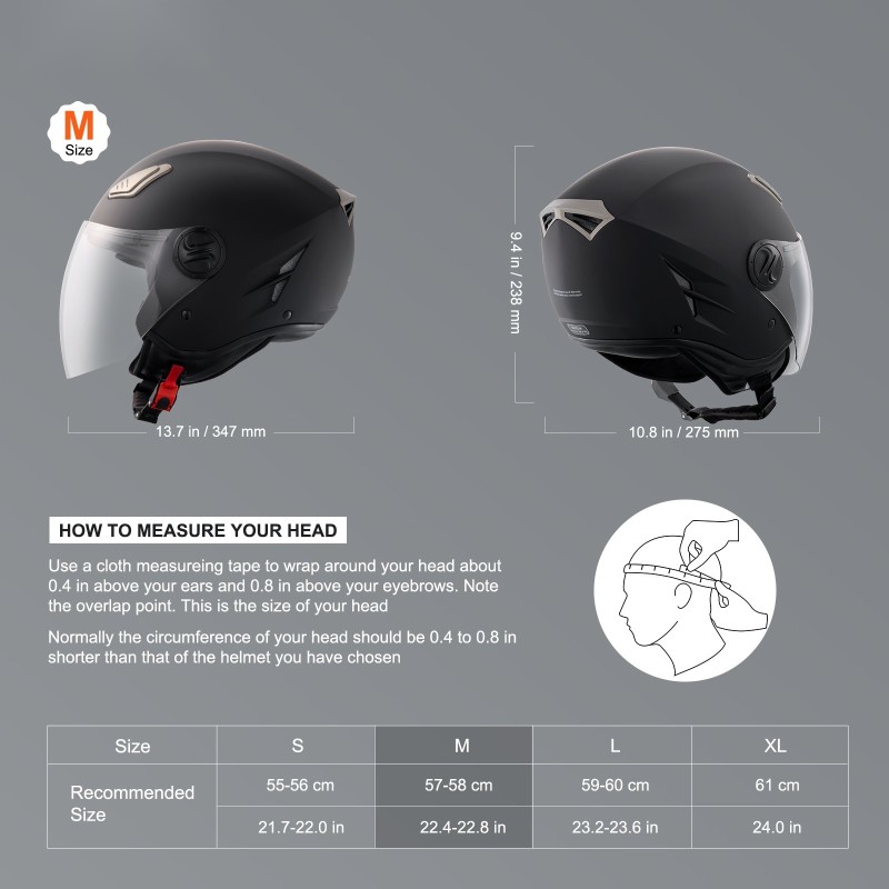 Moottoripyöräkypärä 3/4-kasvoinen ECE-hyväksytty koko M 57–58 cm kaksinkertainen visiiri
