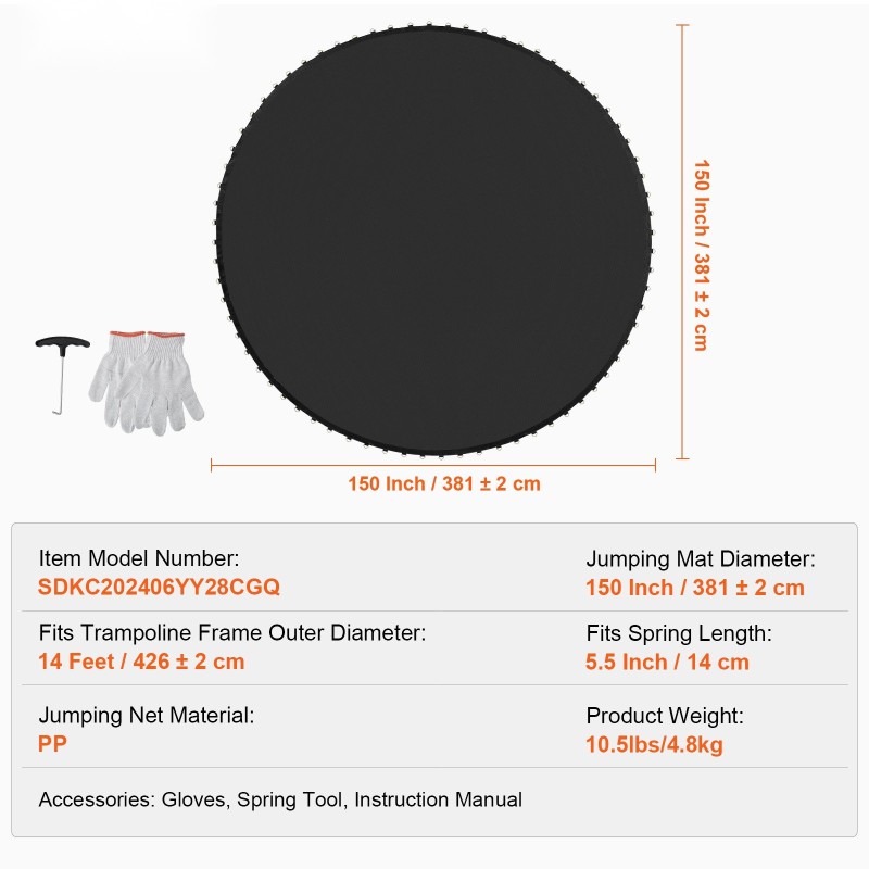 Varaushyppymatto 14-jalkaiseen pyöreään trampoliiniin polypropeeni 381 cm 72 V-rengasta 5,5 tuuman jousille