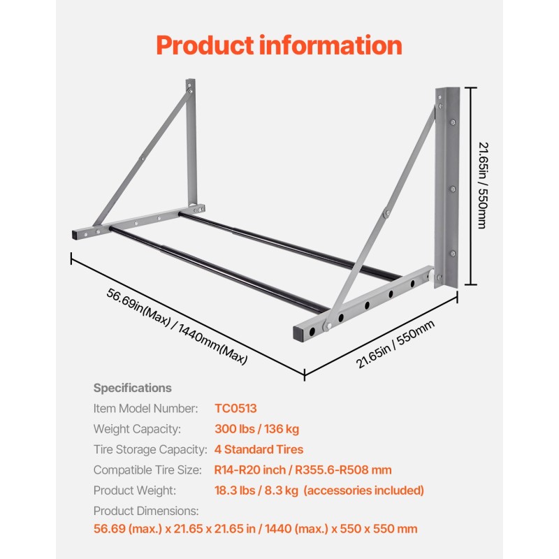 Seinään kiinnitettävä taittuva rengasteline Q235-teräksinen säädettävä 32–48 tuumaa 4 rengasta