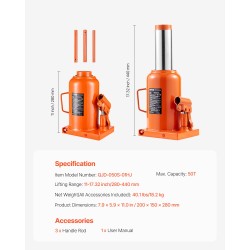 Hydraulinen pullotunkki 50 tonnia hitsattu teräsrunko 280–440 mm nostoalue kolmiosainen pitkä käyttövarsi