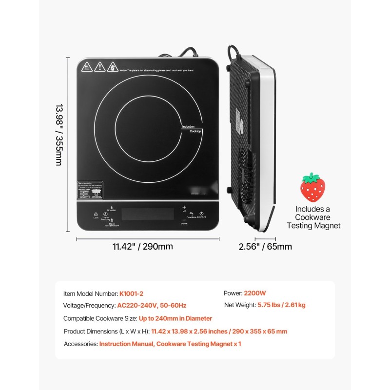Kannettava induktioliesi kaksituhattakaksisataa wattia lasipinta yhdeksän lämpötila-asetusta lapsilukko