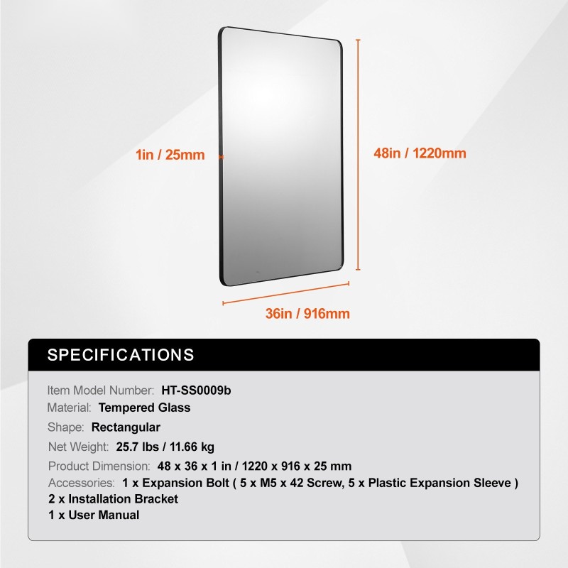 Seinään asennettava meikkipeili karkaistu lasi 1220 x 916 mm alumiinikehyksellä huurtumaton