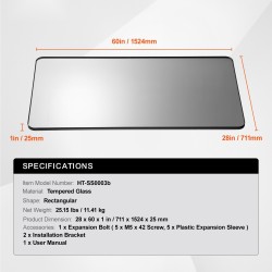 Seinään asennettava karkaistu lasi meikkipeili alumiinikehyksellä 28x60 tuumaa sirpalesuojakalvolla Z-muotoinen seinäkiinnike