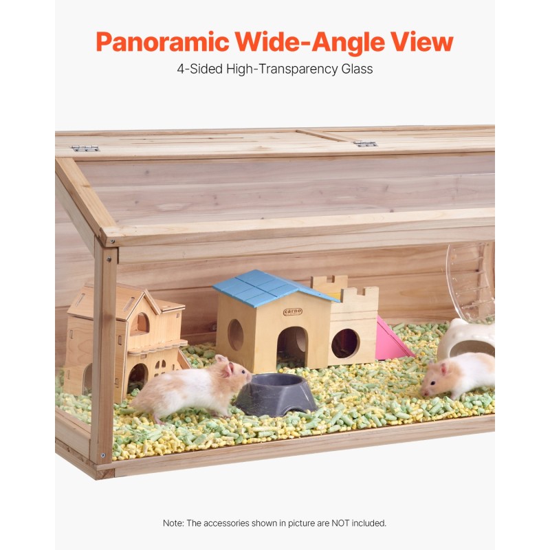 Puinen pieneläinhäkki 122×51×51 cm ylöspäin avattavalla kannella 270 asteen akryyli-ikkunalla