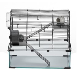 Hamsterihäkki musta karkaistusta lasista ja metalliverkosta 360 asteen näkymä vesipullolla 58×38×54 cm