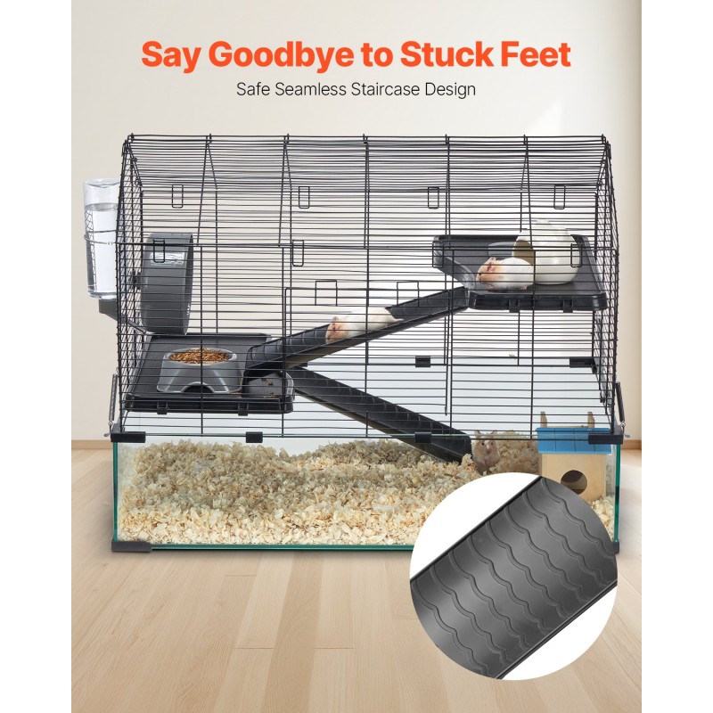 Hamsterihäkki karkaistusta lasista ja metalliverkosta 75 x 44 x 61 cm juomapullolla