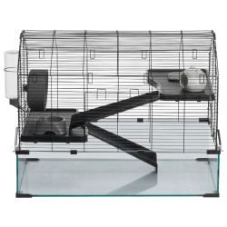 Hamsterihäkki karkaistusta lasista ja metalliverkosta 75 x 44 x 61 cm juomapullolla