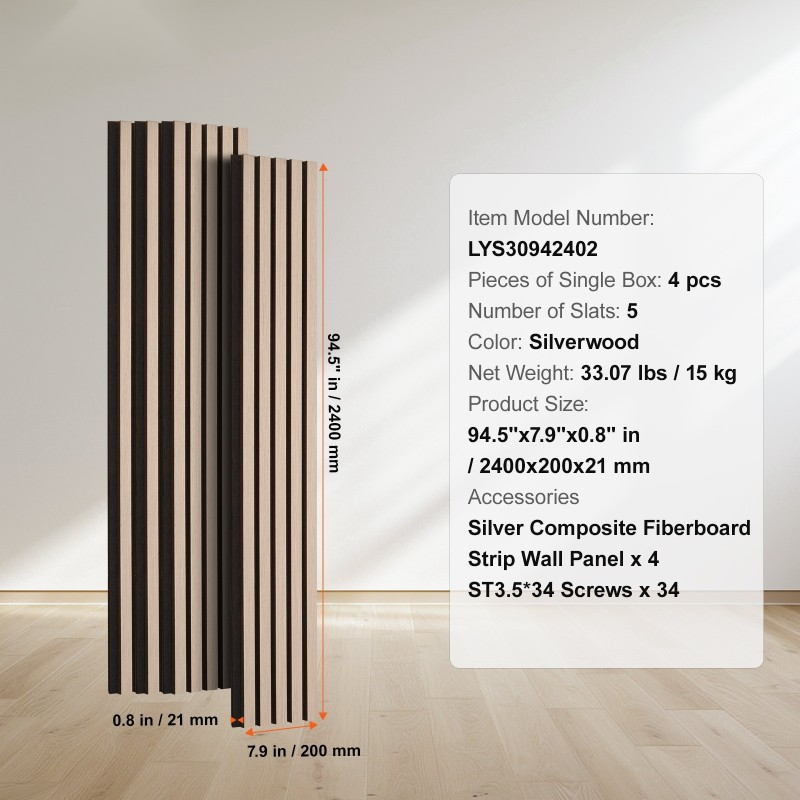 Akustiset puusälepanelit 4 kpl 2400x200x21 mm hopeanharmaa seinille ja katoille