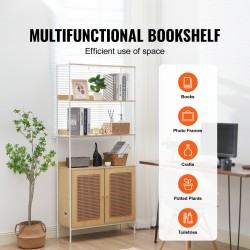 Rottinkikirjahylly kuusi hyllytasoa kahdella ovella teräsrunko MDF hyllyt luonnonväri säädettävät jalat