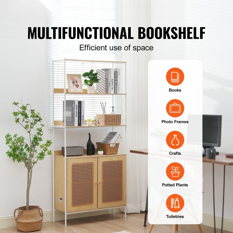 Rottinkikirjahylly kuusi hyllytasoa kahdella ovella teräsrunko MDF hyllyt luonnonväri säädettävät jalat